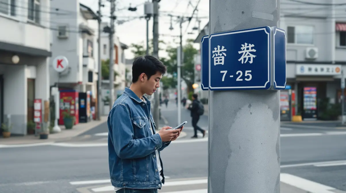 Descendente brasileiro nikkei jovem conferindo endereço em placa de rua japonesa em bairro residencial urbano