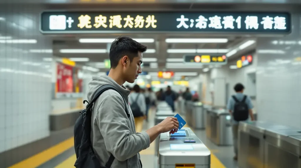 Homem brasileiro jovem usando cartão eletrônico na catraca de estação de trem no Japão