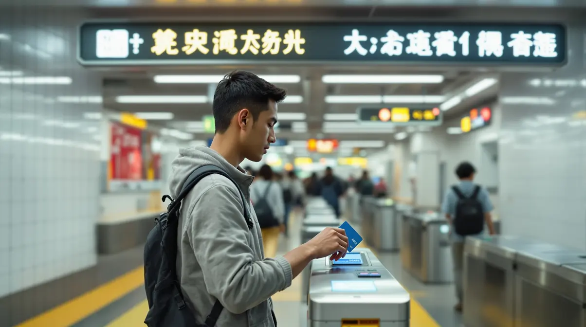 Homem brasileiro jovem usando cartão eletrônico na catraca de estação de trem no Japão