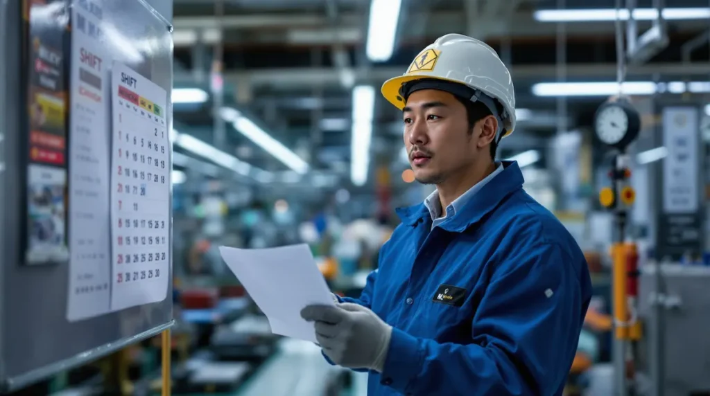 Trabalhador brasileiro descendente de japonês em fábrica japonesa durante turno noturno olhando escala de nikotai