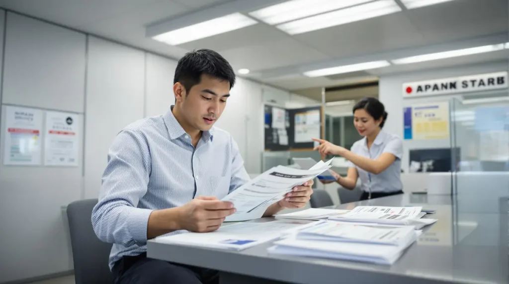 Homem nikkei brasileiro de cerca de 35 anos consultando documentos de pensão japonesa em agência do Japan Pension Service