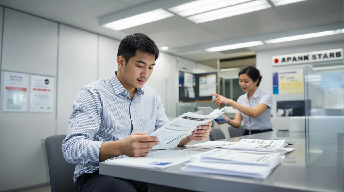 Homem nikkei brasileiro de cerca de 35 anos consultando documentos de pensão japonesa em agência do Japan Pension Service