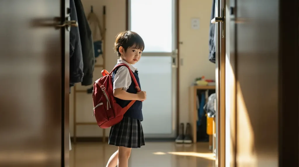 Criança nikkei brasileira vestindo uniforme escolar japonês com mochila randoseru na entrada de casa, expressão cansada mas aliviada, retratando o fim de um dia de adaptação escolar no Japão