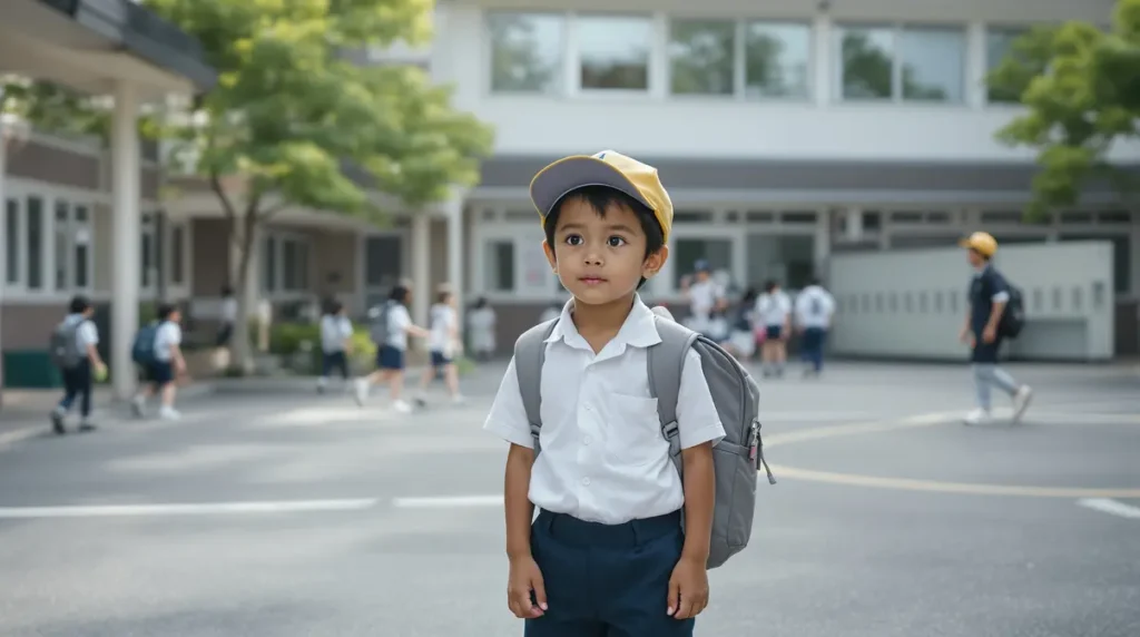 Criança brasileira vestindo uniforme escolar japonês em pátio de escola pública no Japão