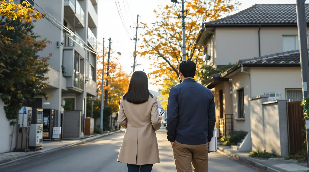 Casal de descendentes de japoneses em frente a prédio de apartamentos e casa independente no Japão analisando opções de moradia