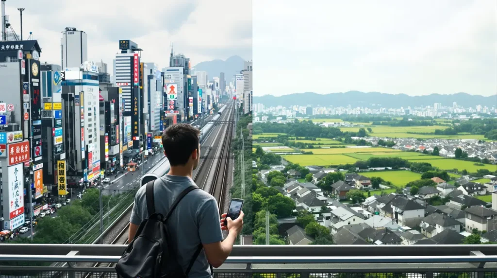 Brasileiro observando paisagem urbana japonesa comparando metrópole e interior