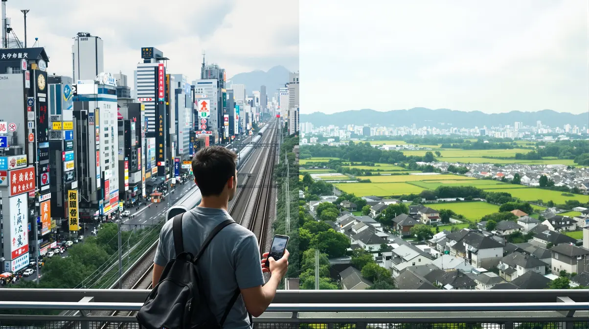 Brasileiro observando paisagem urbana japonesa comparando metrópole e interior