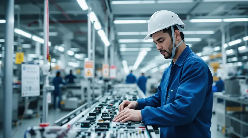 Trabalhador brasileiro em uniforme dentro de fábrica japonesa operando linha de produção