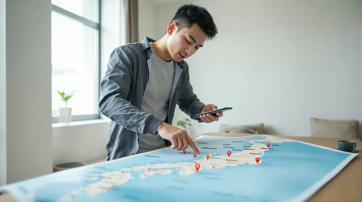 Brasileiro nikkei comparando três cidades japonesas em mapa do Japão