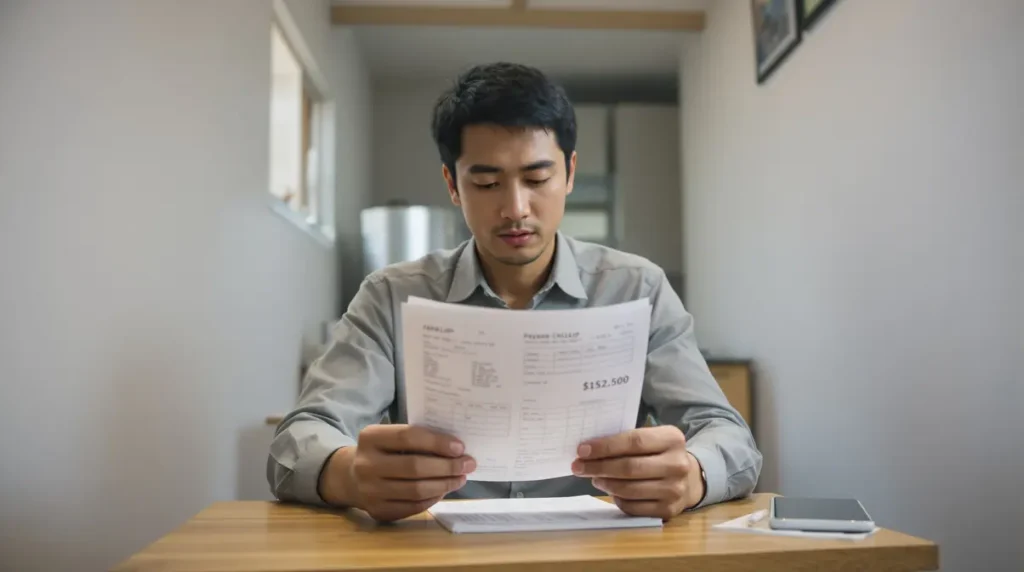 Jovem trabalhador brasileiro nikkei segurando contracheque japonês impresso, em apartamento modesto no Japão, analisando valores de descontos