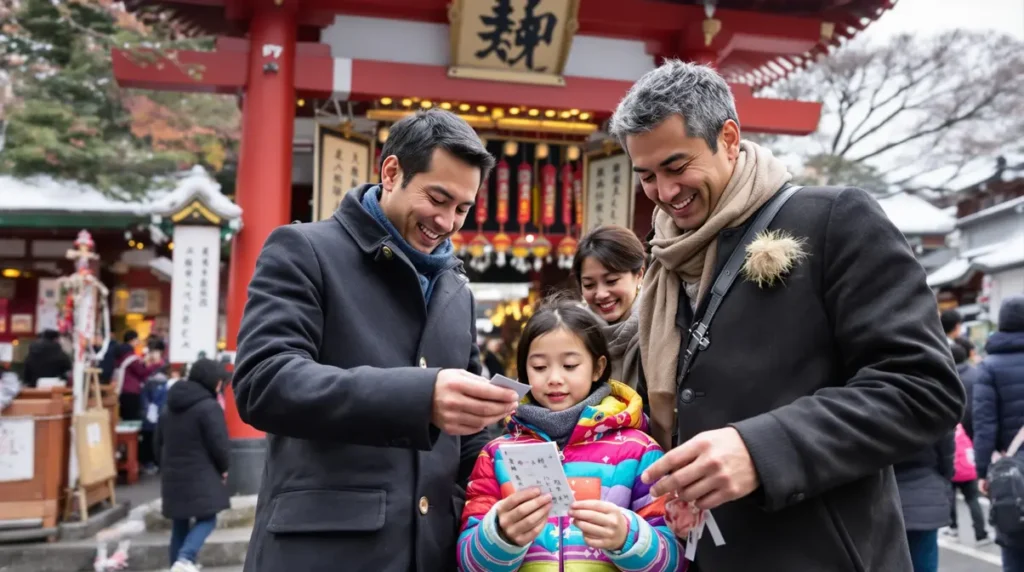 Família nikkei brasileira vestida com roupas de inverno em frente a templo japonês durante hatsumode no Shogatsu