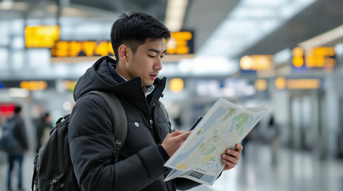 Homem nikkei brasileiro de 30 anos em estação de trem no Japão segurando mapa e celular comparando rotas e informações sobre Aichi e Gunma