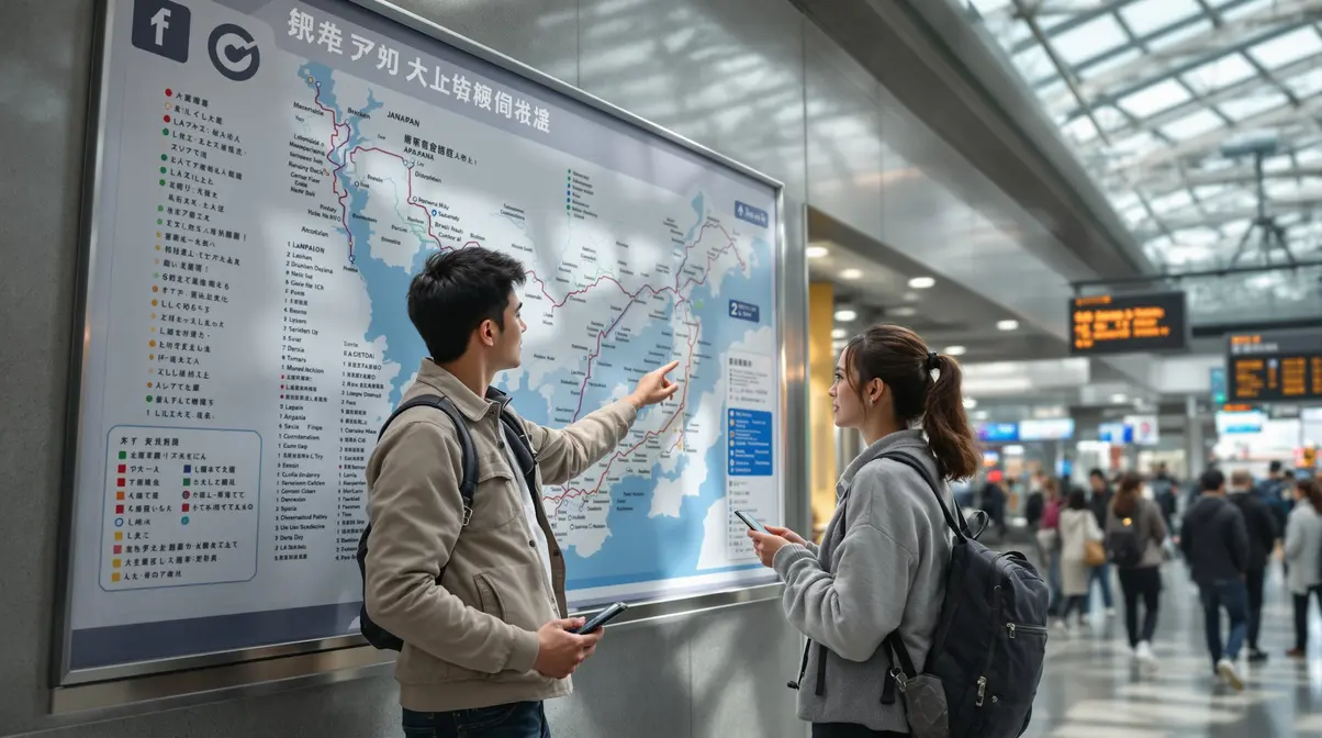 Dois brasileiros descendentes de japoneses em estação de trem no Japão analisando mapa de províncias