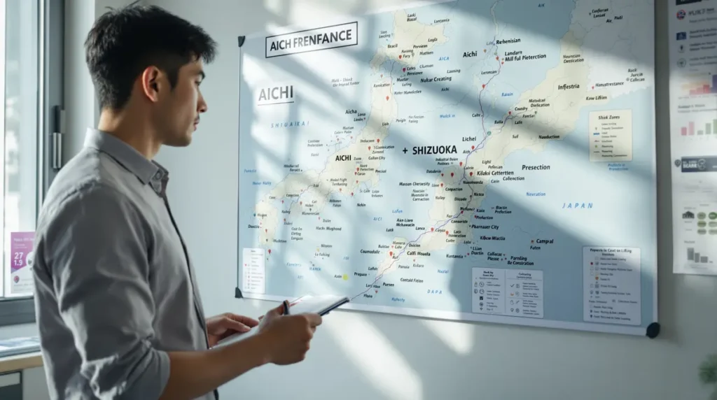 Homem nikkei brasileiro analisando mapa de regiões industriais do Japão em escritório de recrutamento