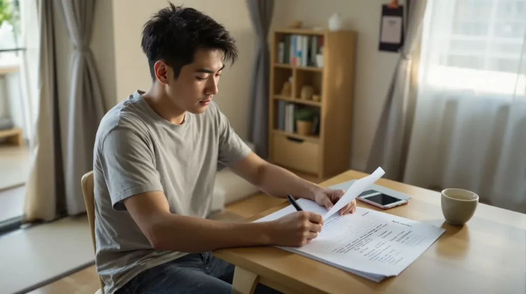 Homem nikkei brasileiro analisando documentos de propostas de trabalho em ambiente japonês