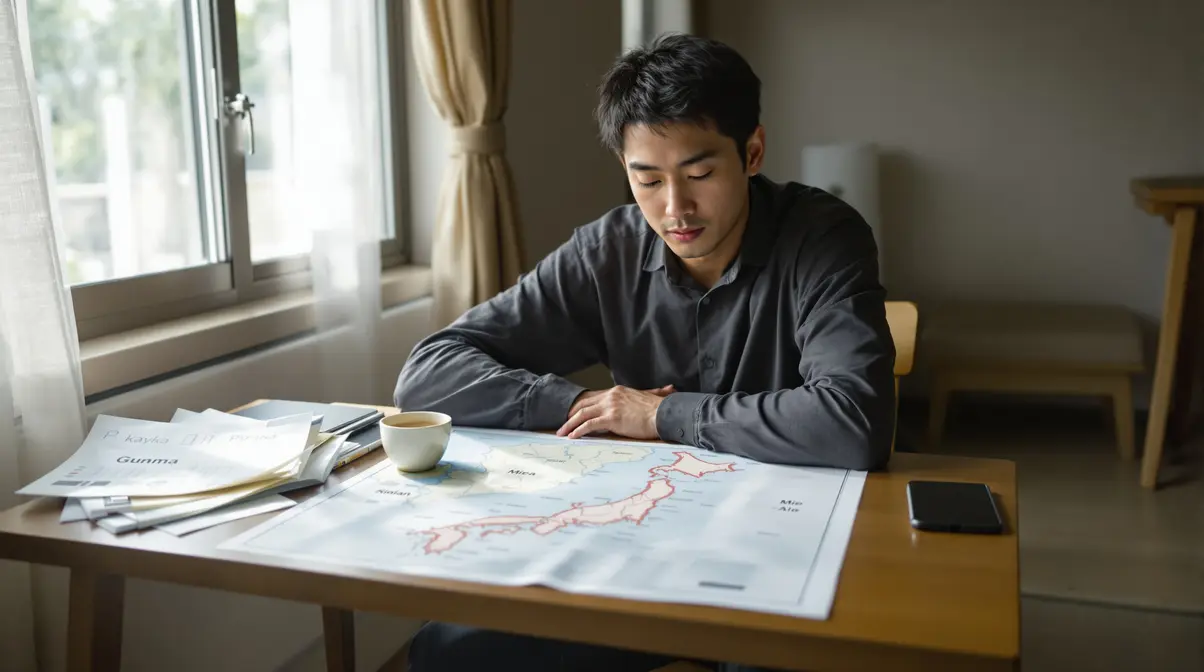 Homem nikkei brasileiro de 30 anos analisando mapa do Japão com Gunma e Mie destacadas