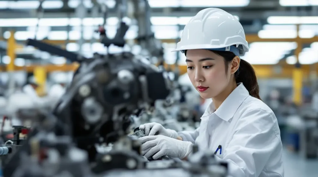 Mulher nikkei brasileira operando estação de trabalho em linha de produção de fábrica automotiva no Japão