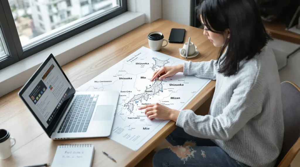 Mulher nikkei brasileira de 28 anos analisando mapa do Japão com foco em Shizuoka e Mie
