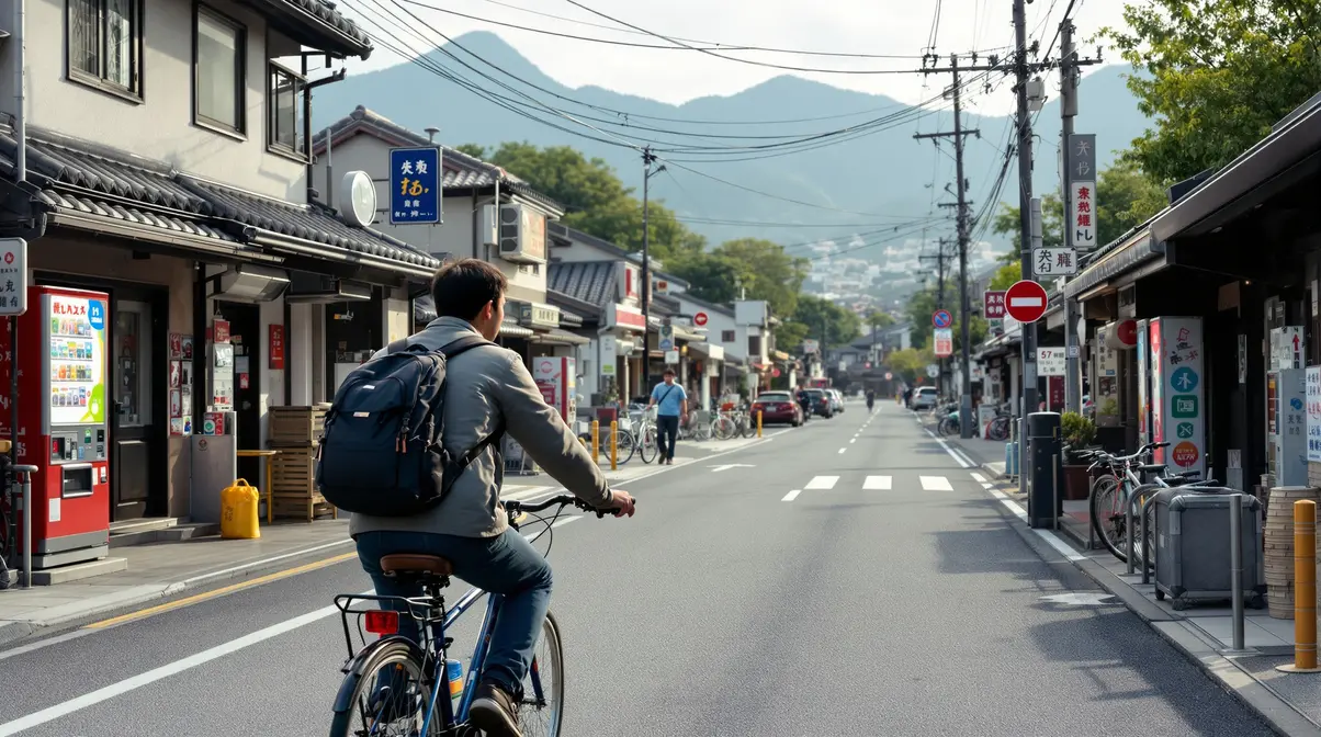 Homem nikkei brasileiro caminhando de bicicleta em rua tranquila de cidade do interior do Japão com casas baixas e montanhas ao fundo