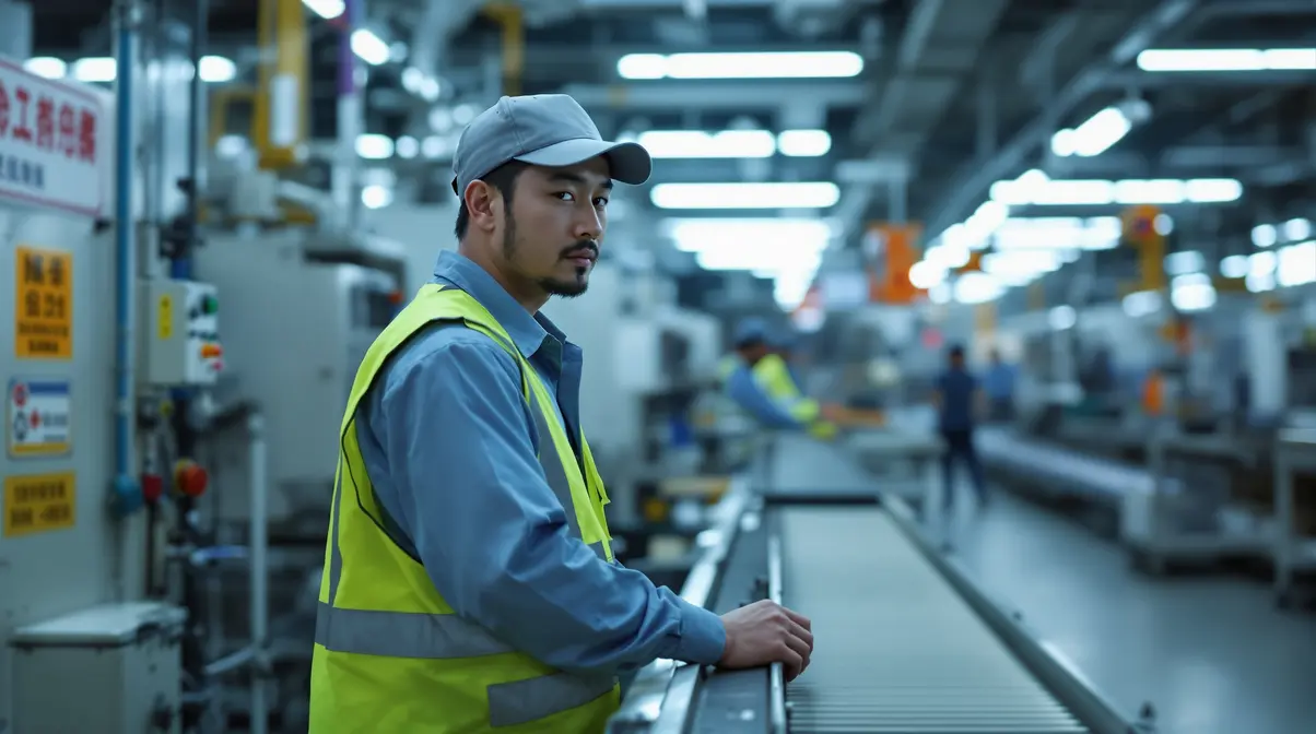 Trabalhador nikkei brasileiro em linha de produção de fábrica japonesa durante turno noturno, com iluminação artificial e ambiente industrial realista