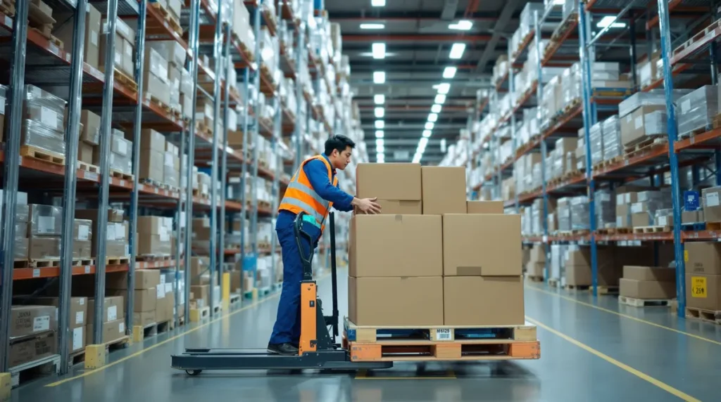 Descendente brasileiro separando materiais em armazém de fábrica no Japão, com prateleiras ao fundo e transpalete manual