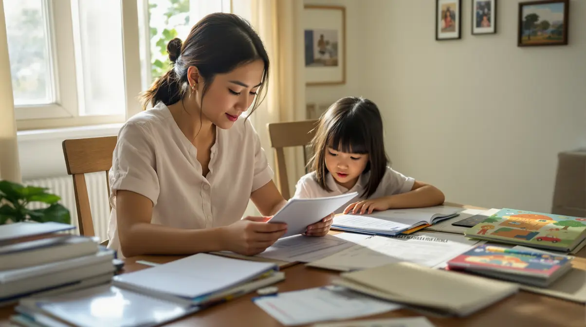 Mãe nikkei brasileira de aproximadamente 32 anos organizando passaportes, certidões e documentos traduzidos sobre mesa de madeira, com criança de 6 anos ao lado observando