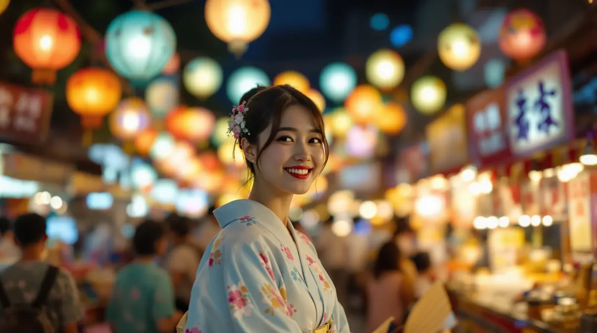 Jovem nikkei brasileira vestindo yukata azul em festival de verão japonês com lanternas e barracas ao fundo