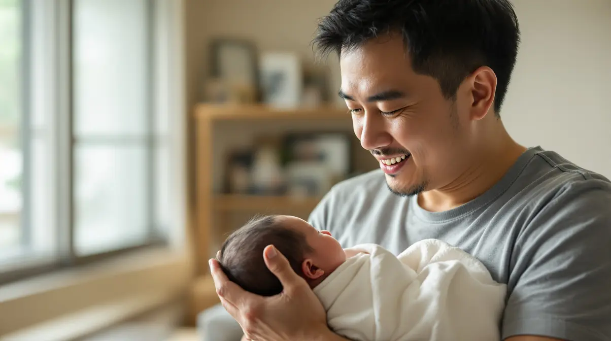 Pai nikkei brasileiro segurando bebê recém-nascido em casa no Japão durante licença-paternidade