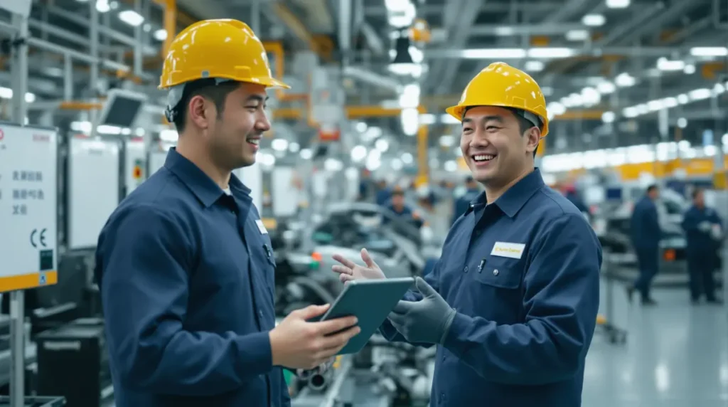 Líder de linha brasileiro nikkei orientando equipe de operadores em fábrica japonesa moderna