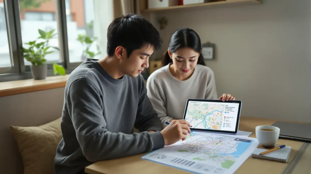 Casal de brasileiros nikkei descendentes de japoneses analisando mapa e informações sobre moradia e trabalho em apartamento no Japão