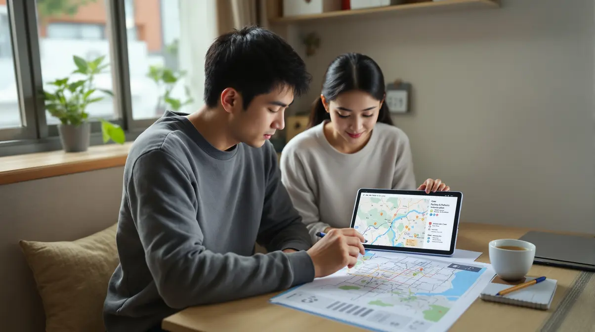 Casal de brasileiros nikkei descendentes de japoneses analisando mapa e informações sobre moradia e trabalho em apartamento no Japão