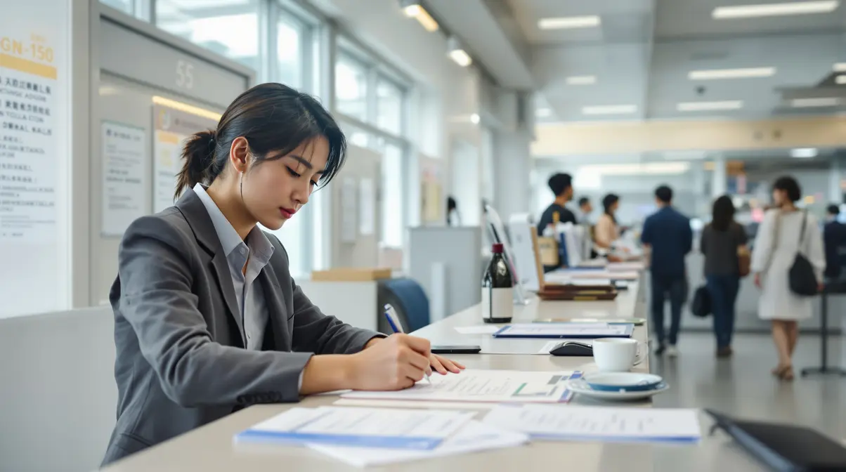 Pessoa nikkei preenchendo formulário de mudança de endereço no balcão de registro de residentes de prefeitura japonesa