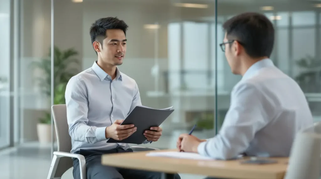 Profissional brasileiro descendente de japoneses conversando em escritório no Japão sobre mudança de emprego