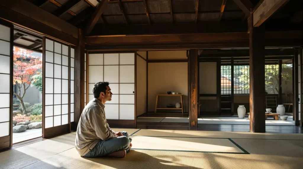 Interior de kominka japonesa tradicional com tatami, vigas de madeira escura e luz natural entrando por shoji