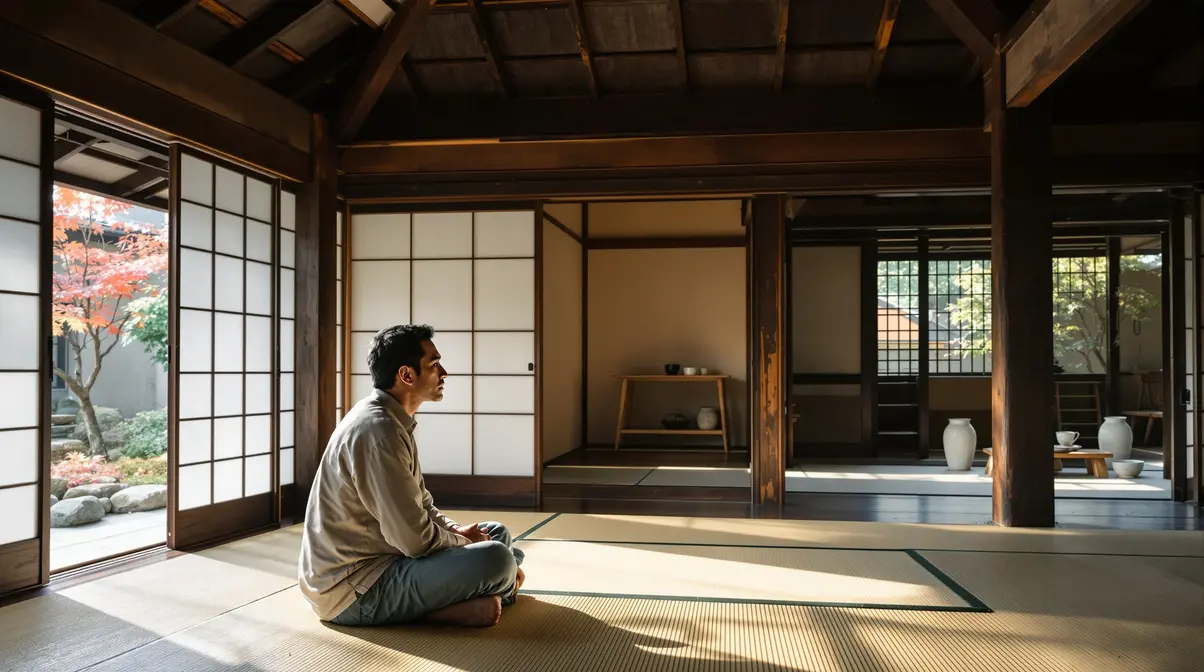 Interior de kominka japonesa tradicional com tatami, vigas de madeira escura e luz natural entrando por shoji