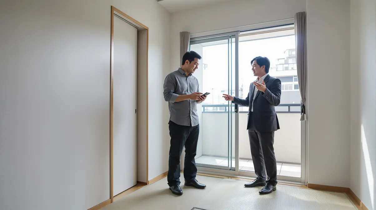 Homem brasileiro descendente de japonês inspecionando apartamento vazio no Japão acompanhado de corretor imobiliário, observando detalhes do espaço antes de assinar contrato