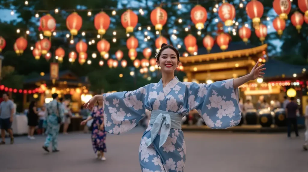Mulher brasileira nikkei dançando Bon Odori em festival público durante o Obon no Japão