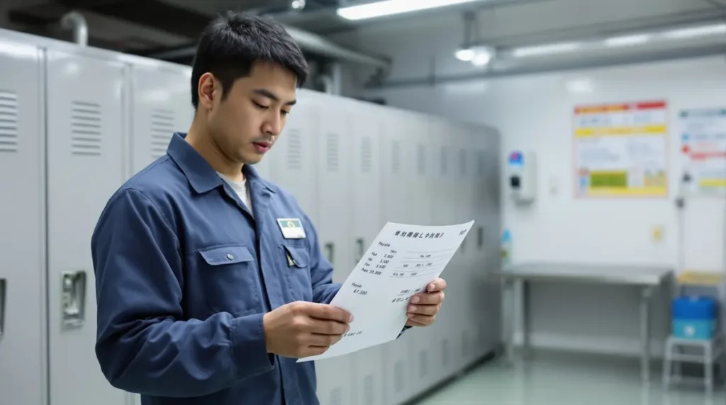Trabalhador brasileiro descendente de japonês verificando holerite japonês em ambiente de fábrica no Japão