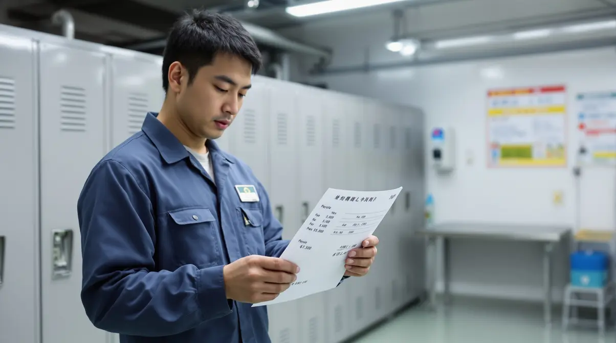 Trabalhador brasileiro descendente de japonês verificando holerite japonês em ambiente de fábrica no Japão