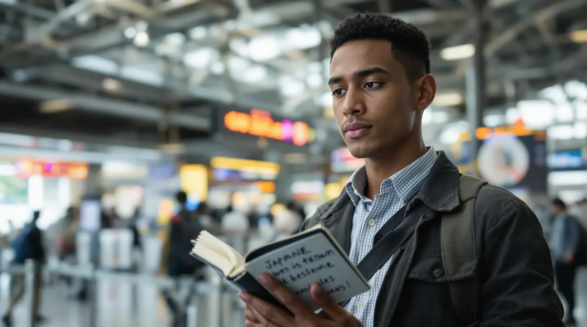 Jovem brasileiro consultando caderno de anotações em japonês dentro de estação de trem movimentada no Japão