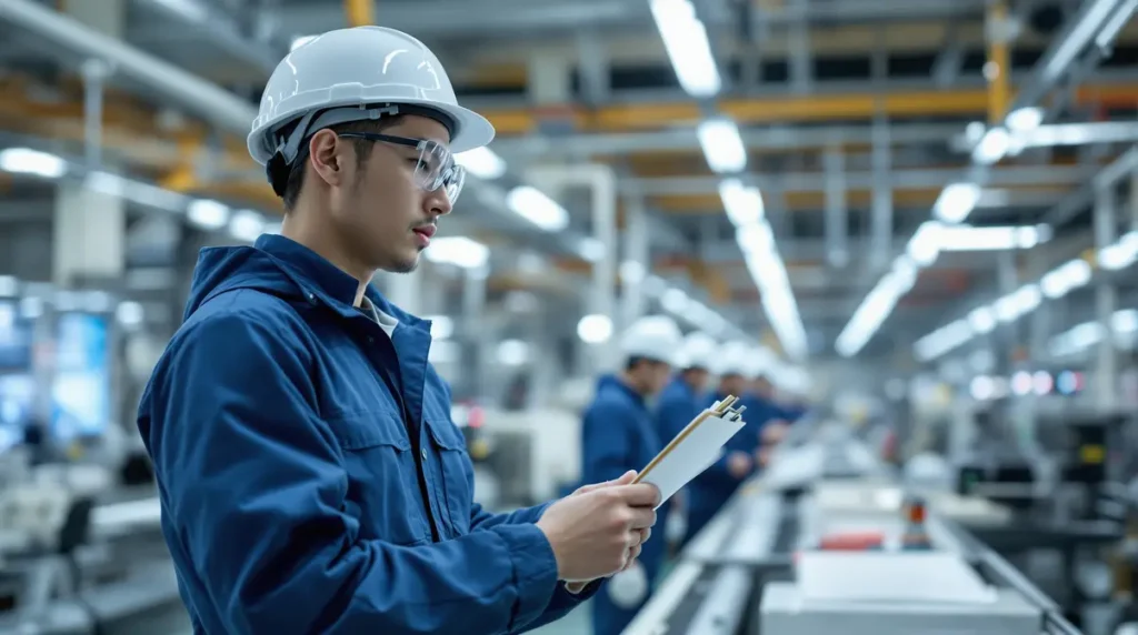 Trabalhador brasileiro descendente de japonês usando uniforme e capacete em linha de produção de fábrica no Japão durante período de experiência
