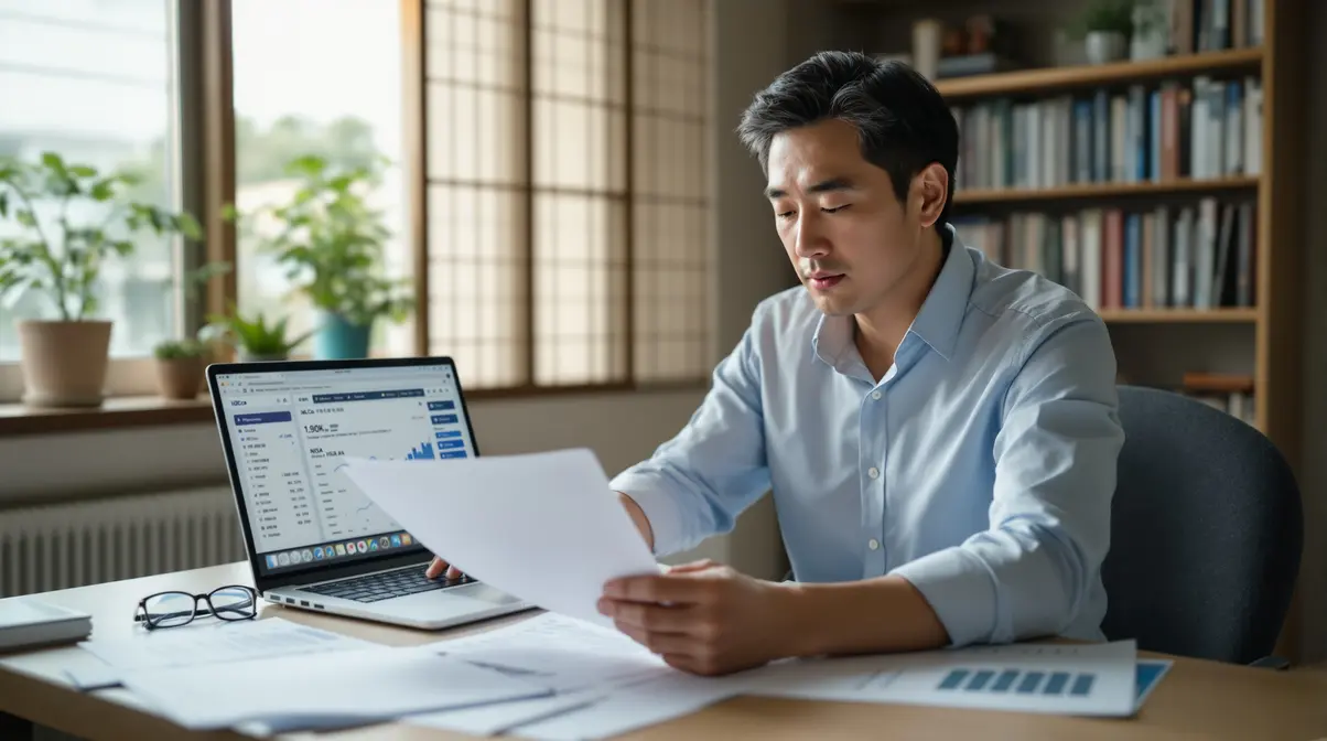 Homem nikkei brasileiro de meia-idade analisando documentos financeiros de previdência privada em escritório residencial no Japão