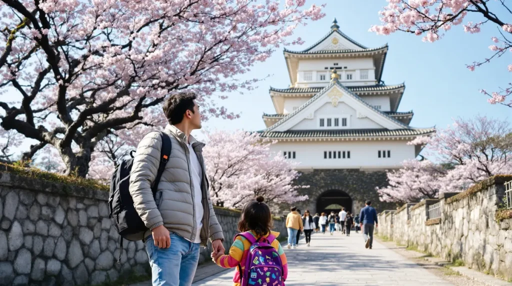 Família brasileira nikkei em frente a castelo japonês tradicional em dia ensolarado
