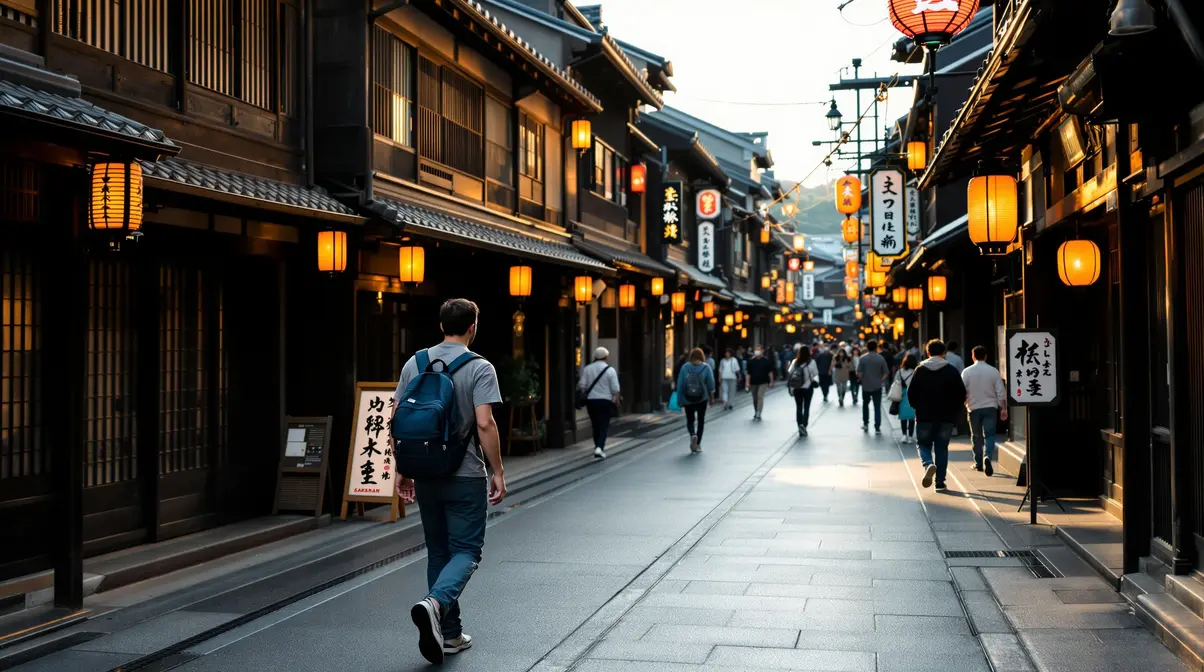 Rua tradicional japonesa do período Edo com casas de madeira escura, lanternas e turistas caminhando