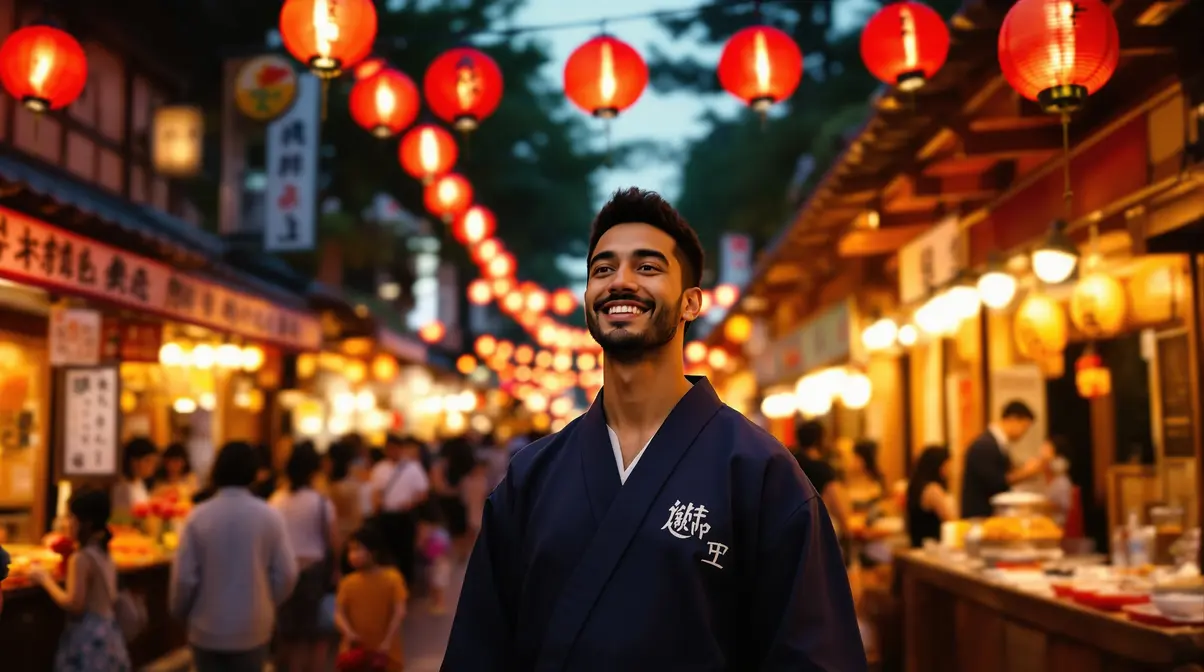 Brasileiro usando yukata em festival japonês tradicional com lanternas vermelhas e barracas de comida