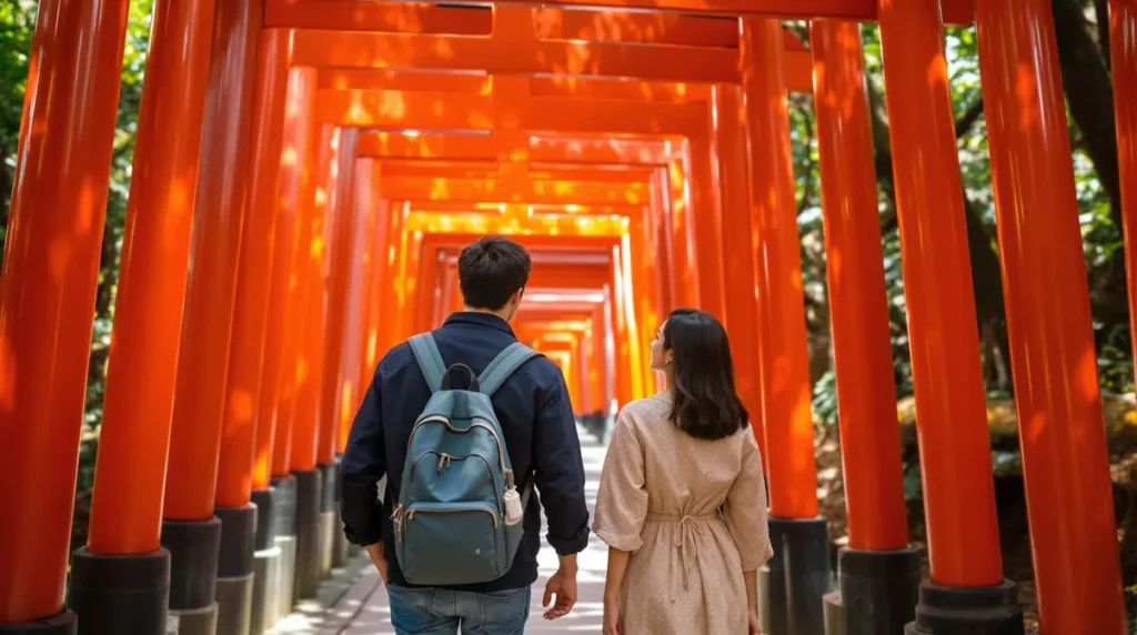 Casal brasileiro descendente de japoneses caminhando sob portões torii vermelhos em santuário xintoísta japonês