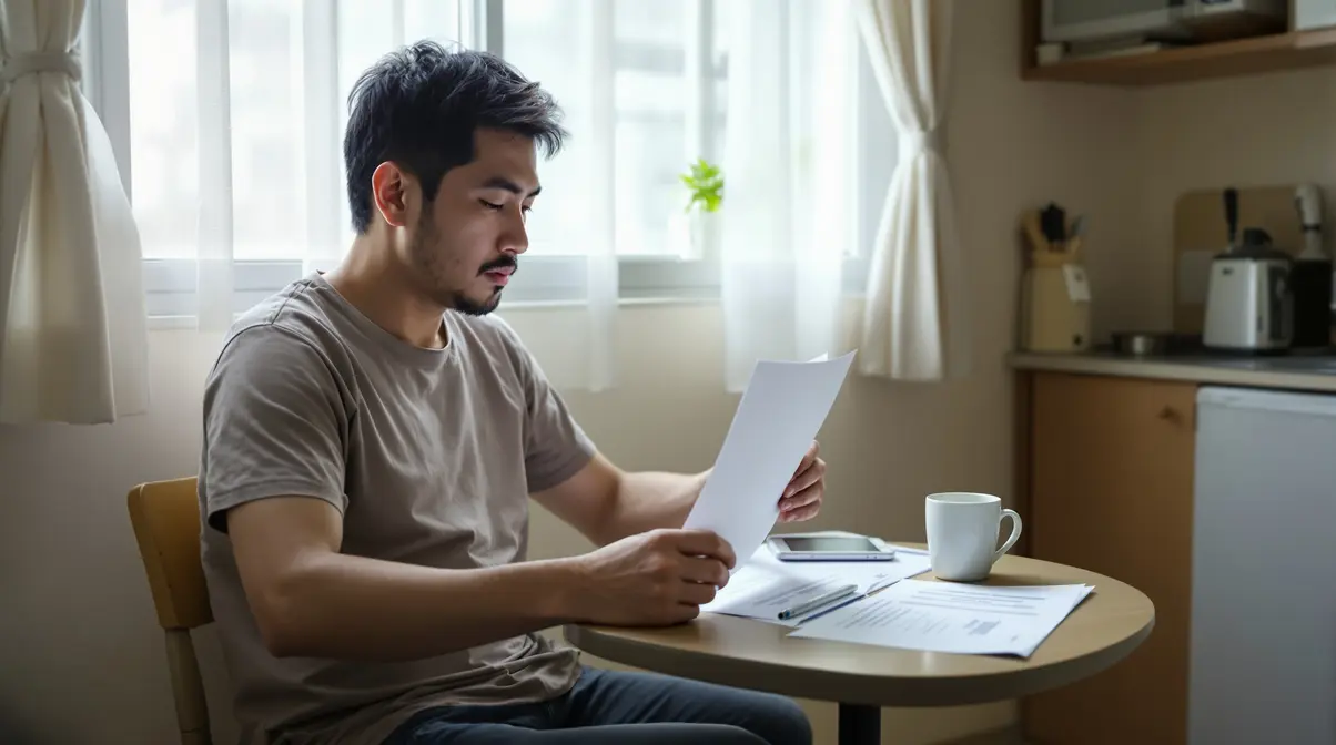 Homem nikkei brasileiro lendo contrato de trabalho em ambiente residencial no Japão