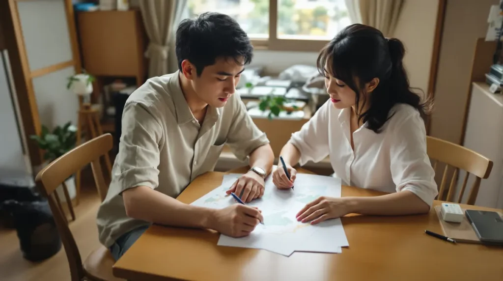 Casal nikkei brasileiro sentado à mesa com documentos, calculadora e mapa do Japão, avaliando mudança de província