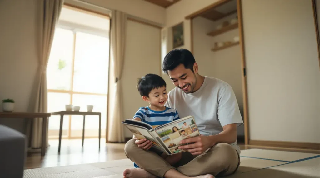 Pai nikkei brasileiro com filho pequeno em sala de apartamento no Japão, planejando reunião familiar