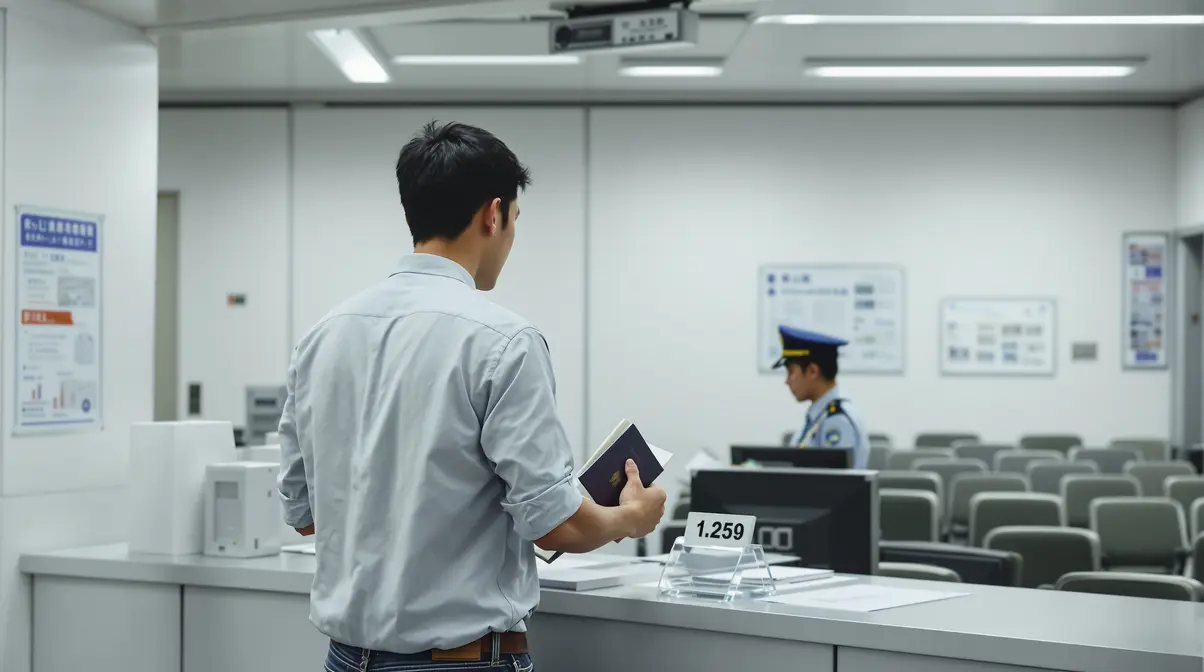 Jovem nikkei brasileiro de costas em balcão de prefeitura japonesa registrando endereço para obter Zairyu Card